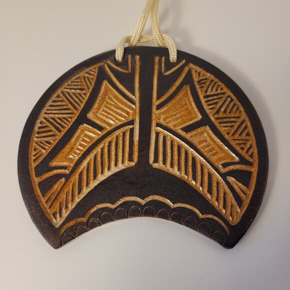 Krause Vintage Pottery Pendant Clay Geometric Signed 1987 Brown Nylon Cord - Picture 2 of 7